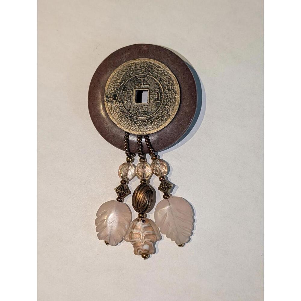 Vintage Sunya Currie Jade Rose Quartz Oriental Style Brooch Pin